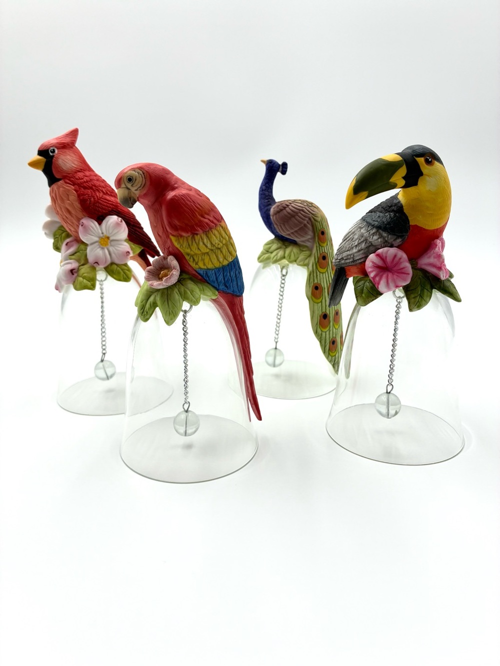 Lot of 4 Vintage Porcelain Exotic Bird Clear Glass Bells Cardinal Parrot Toucan